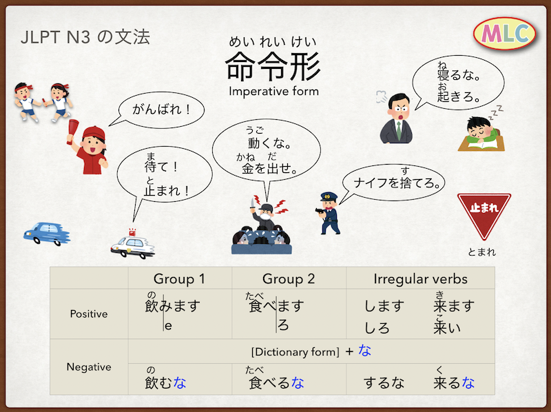 MLC Japanese Language School in TokyoメニューJLPT N3の文法 grammar: 命令形（めいれいけい） Imperative form